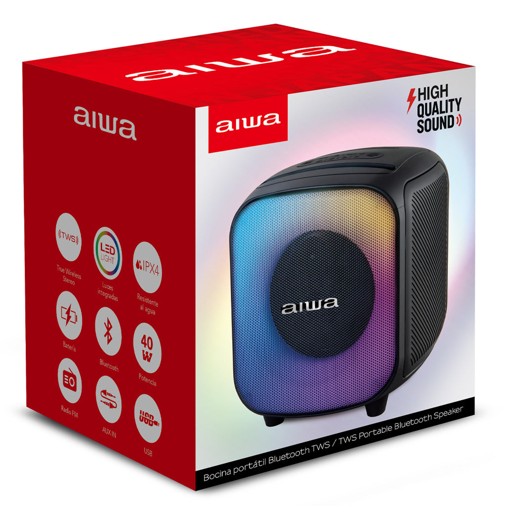 Bocina Bluetooth Aiwa 40W RMS con Bass Boost, Radio FM y USB-C