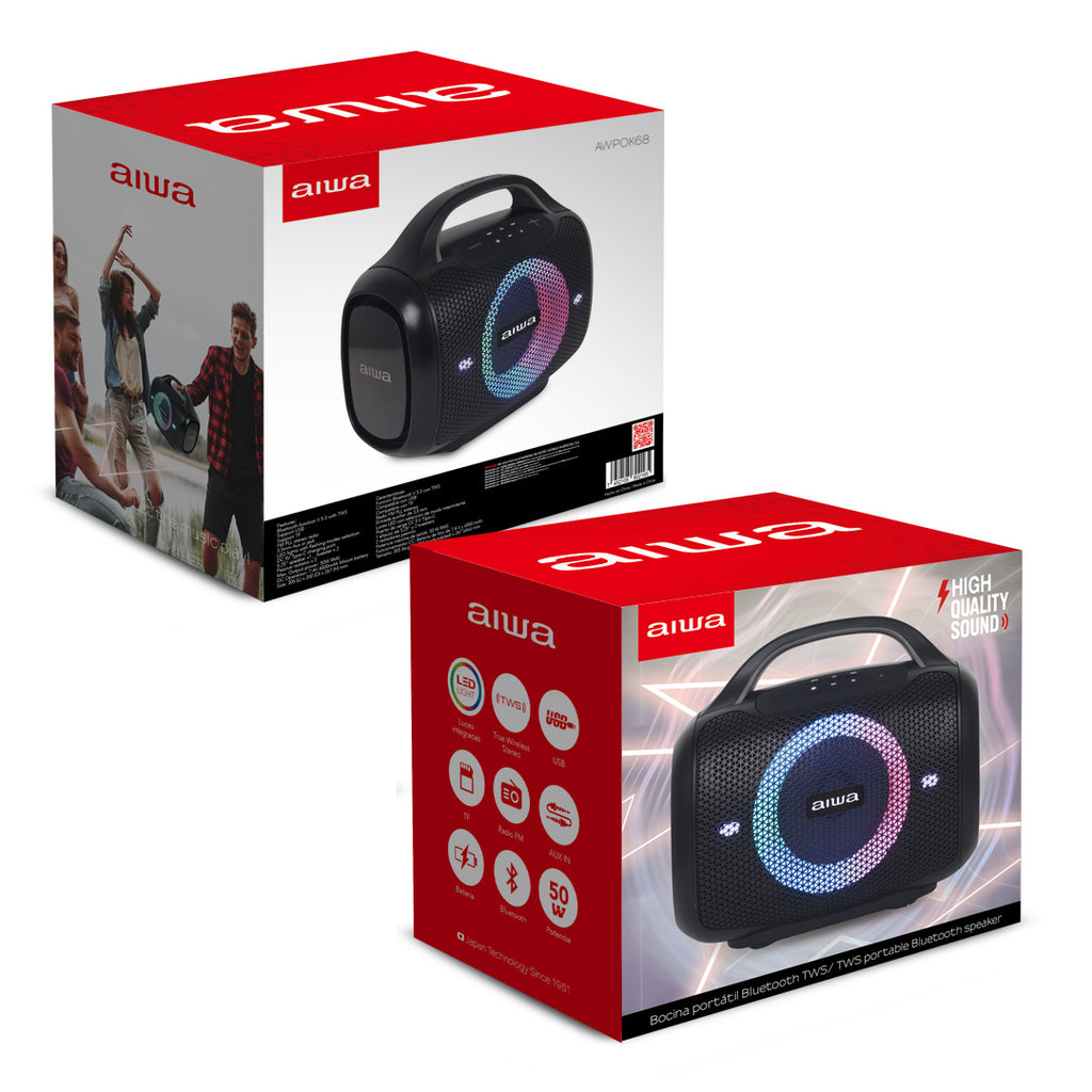 Bocina Bluetooth Aiwa AWPOK68 50W RMS TWS IPX6 con Luces LED