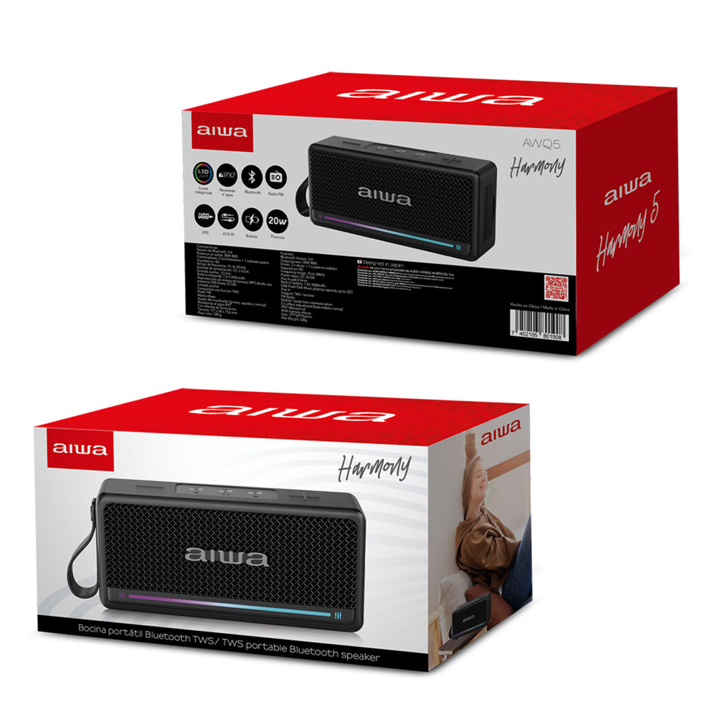 Bocina Bluetooth Aiwa 20W RMS IPX7 TWS con Radio FM y Luces LED