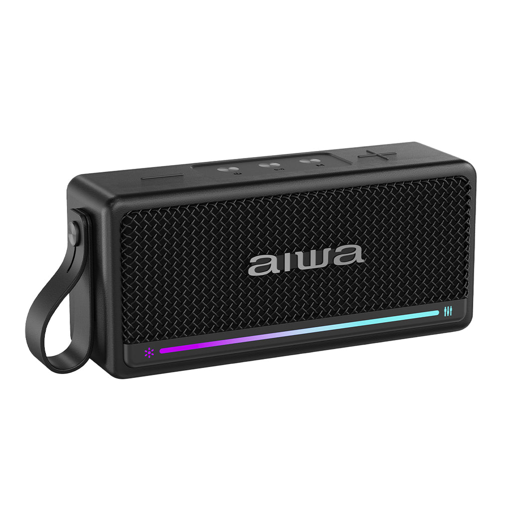 Bocina Bluetooth Aiwa 20W RMS IPX7 TWS con Radio FM y Luces LED