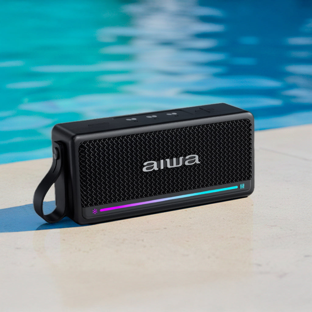 Bocina Bluetooth Aiwa 20W RMS IPX7 TWS con Radio FM y Luces LED